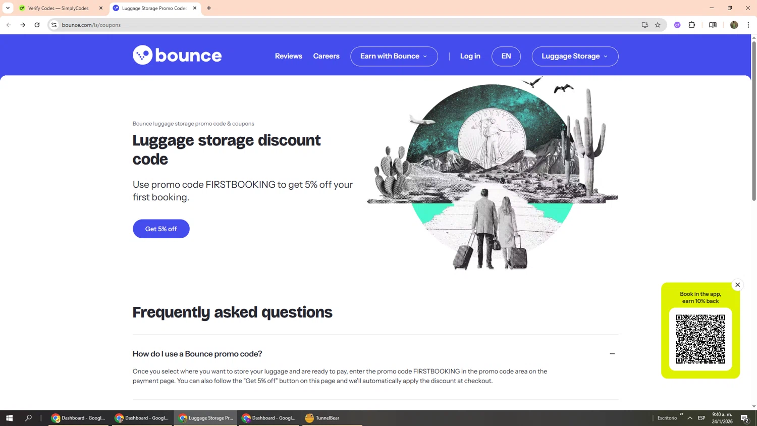 Bounce Luggage Storage promo code screenshot showing code FIRSTBOOKlNG applied at Bounce Luggage Storage checkout page. Uploaded by SimplyCodes community member Phoenix585 on Jan 24, 2026