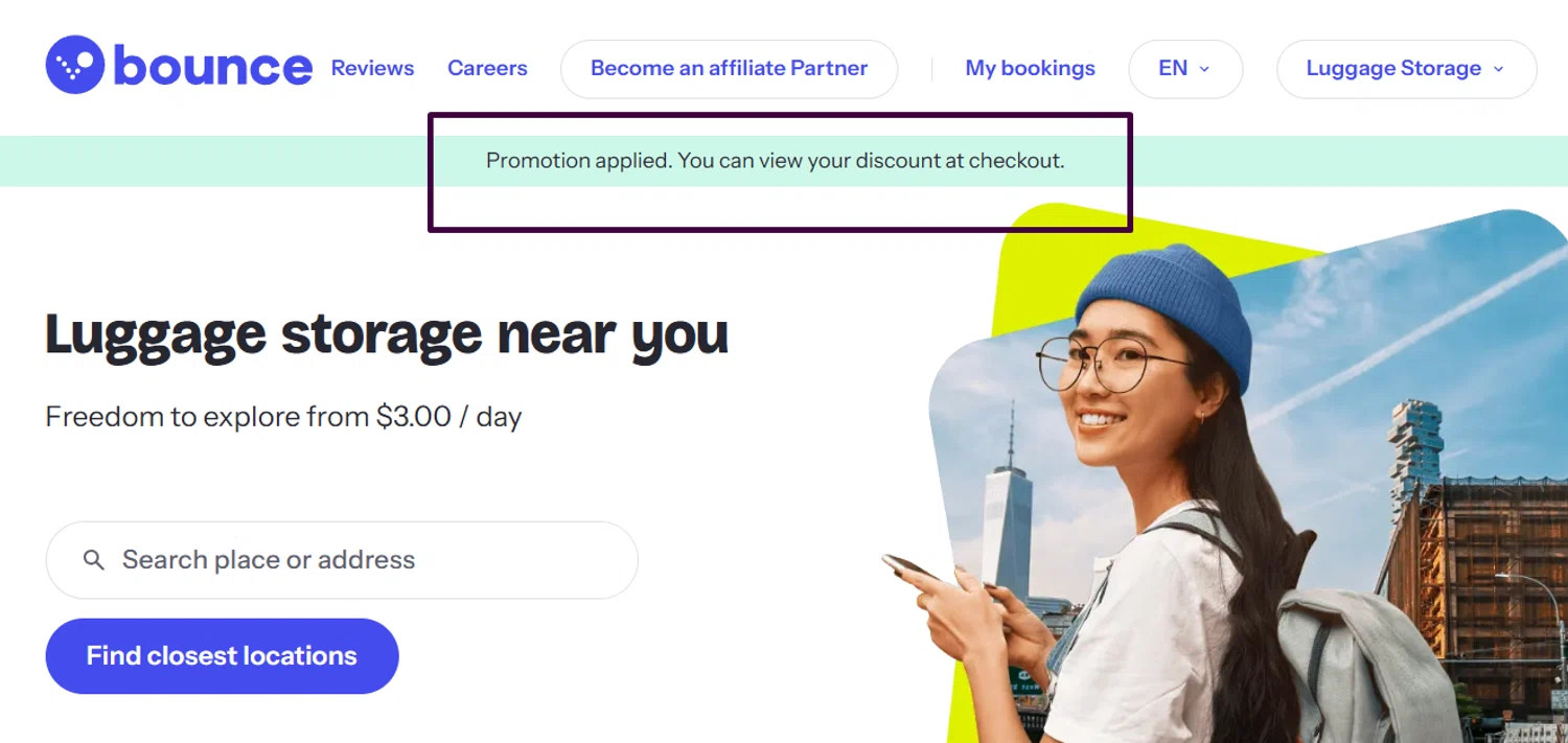 Bounce Luggage Storage promo code screenshot showing code DEMANDIO888436876413 applied at Bounce Luggage Storage checkout page. Uploaded by SimplyCodes community member Swiftdealz on Jul 20, 2025