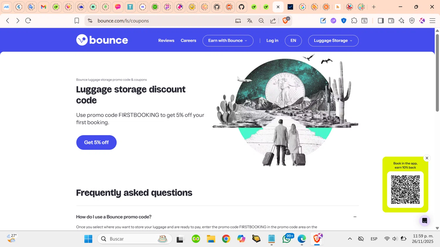 Bounce Luggage Storage promo code screenshot showing code FIRSTBOOKlNG applied at Bounce Luggage Storage checkout page. Uploaded by SimplyCodes community member cosita on Nov 27, 2025