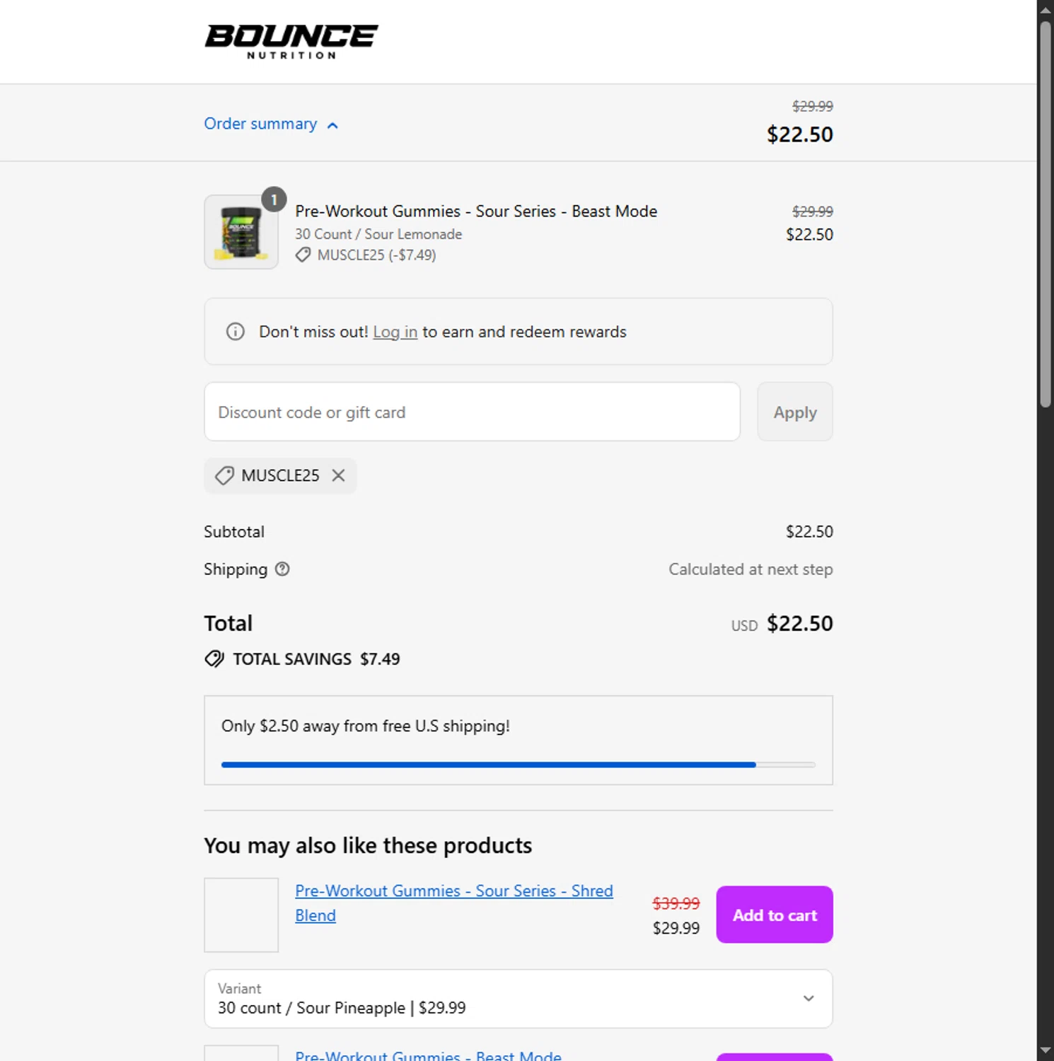 Bounce Nutrition discount code screenshot showing code MUSCLE25 applied at Bounce Nutrition checkout page. Uploaded by SimplyCodes community member Alejandra10 on Sep 6, 2025