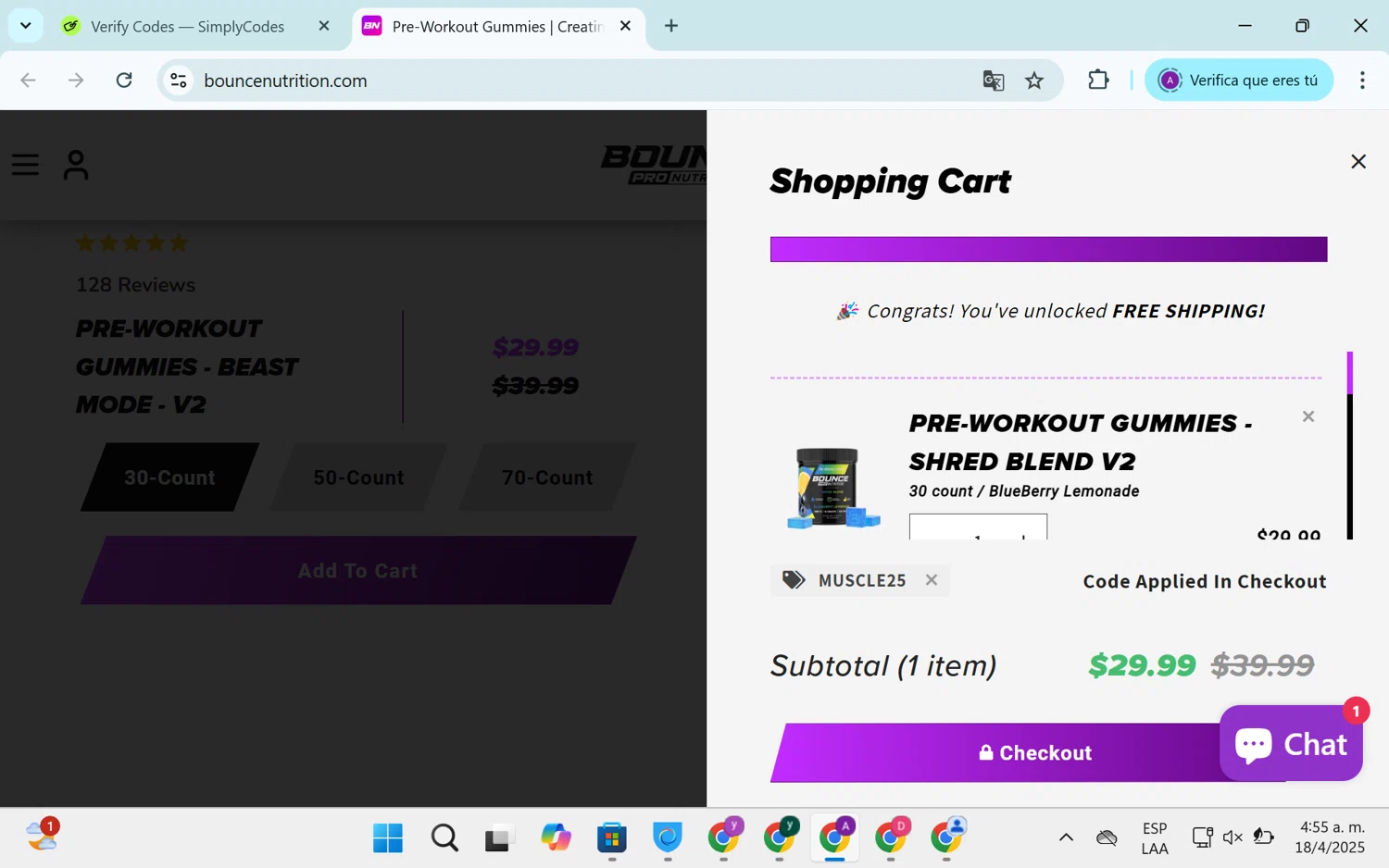 Bounce Nutrition discount code screenshot showing code MUSCLE25 applied at Bounce Nutrition checkout page. Uploaded by SimplyCodes community member SEANJOHN55 on Apr 18, 2025