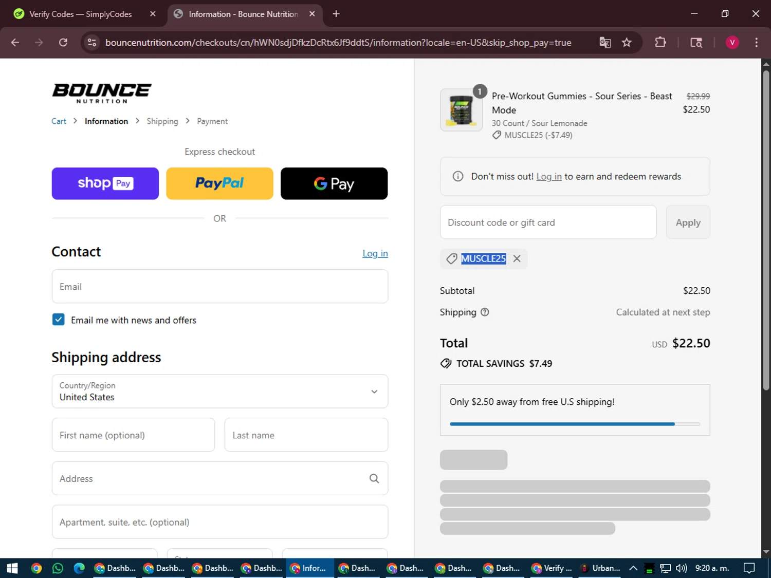 Bounce Nutrition discount code screenshot showing code MUSCLE25 applied at Bounce Nutrition checkout page. Uploaded by SimplyCodes community member ShieldEagle6102 on Jul 21, 2025