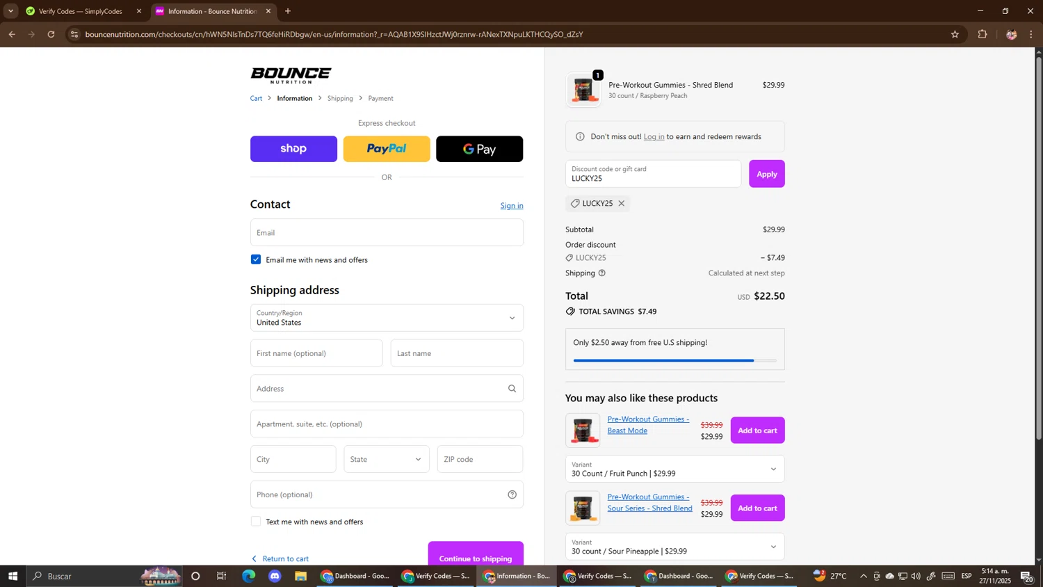 Bounce Nutrition discount code screenshot showing code LUCKY25 applied at Bounce Nutrition checkout page. Uploaded by SimplyCodes community member El_mynor on Nov 27, 2025