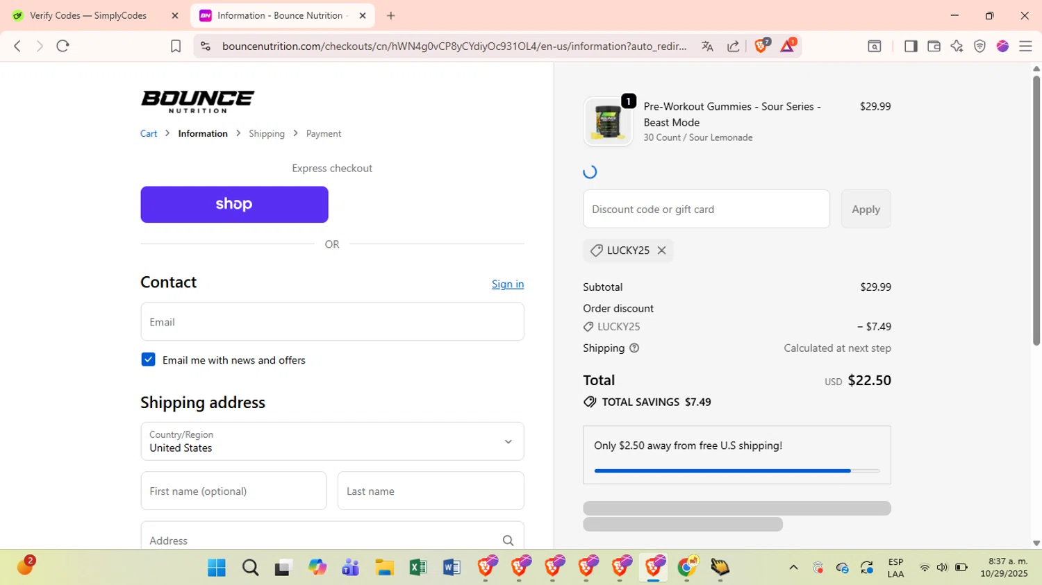 Bounce Nutrition discount code screenshot showing code LUCKY25 applied at Bounce Nutrition checkout page. Uploaded by SimplyCodes community member VictoriousSage6771 on Oct 29, 2025