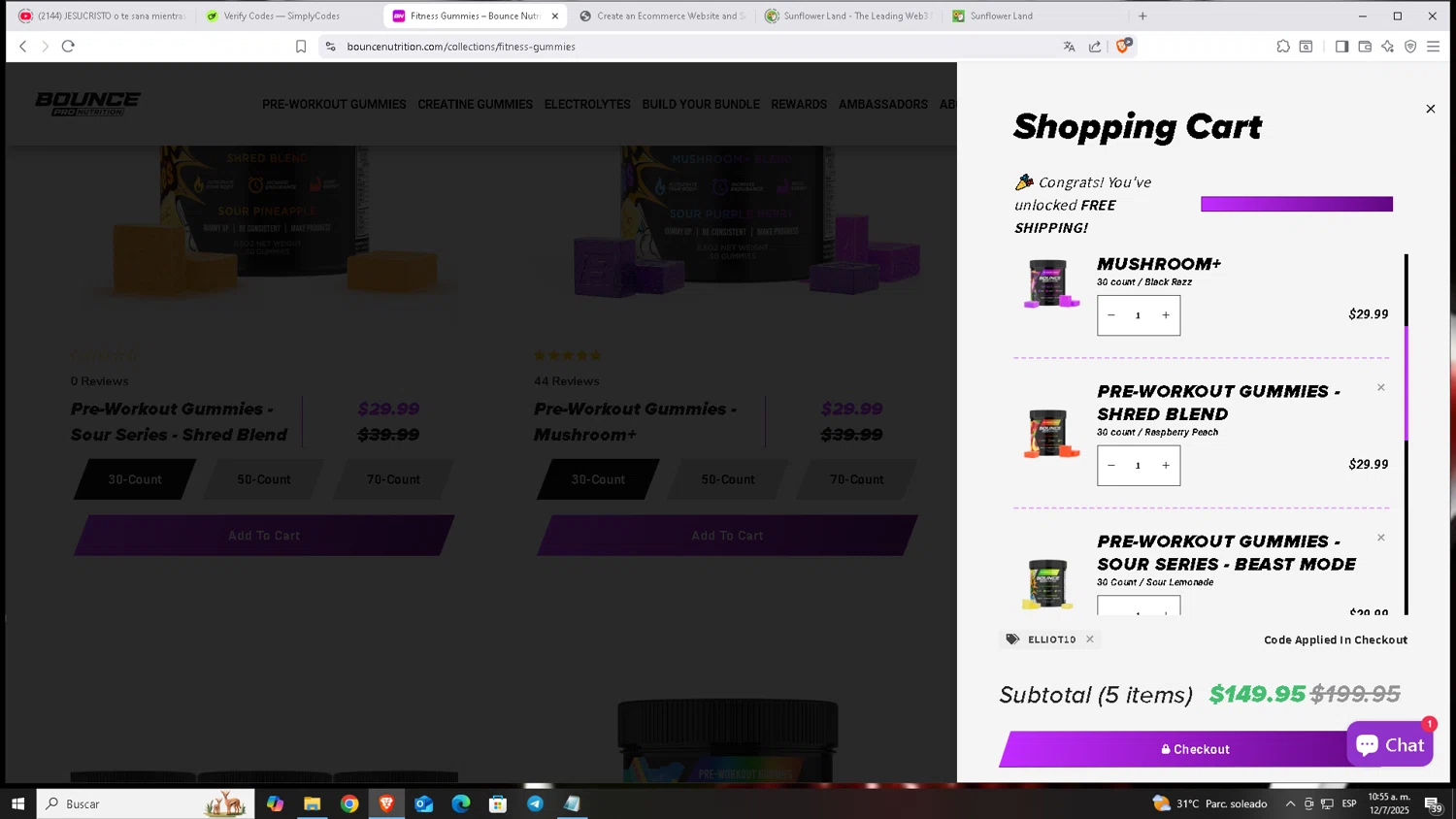 Bounce Nutrition discount code screenshot showing code Elliot10 applied at Bounce Nutrition checkout page. Uploaded by SimplyCodes community member Carloscoder_900457733 on Jul 12, 2025