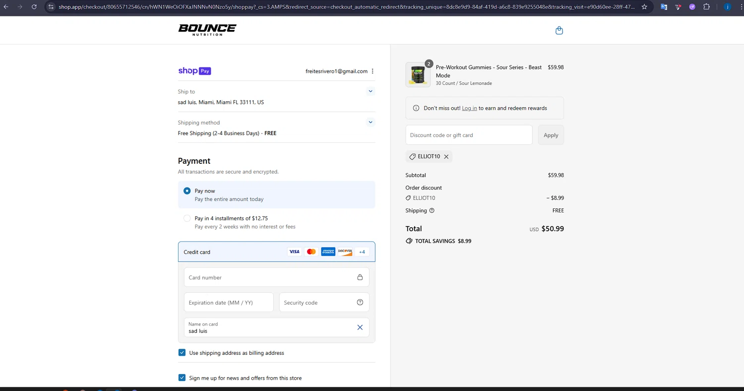 Bounce Nutrition discount code screenshot showing code Elliot10 applied at Bounce Nutrition checkout page. Uploaded by SimplyCodes community member CashLegend3767 on Aug 7, 2025
