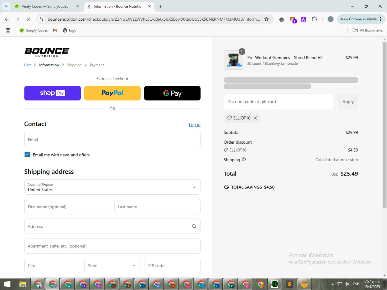 Bounce Nutrition discount code screenshot showing code Elliot10 applied at Bounce Nutrition checkout page. Uploaded by SimplyCodes community member SmartSpotter5969 on Apr 15, 2025
