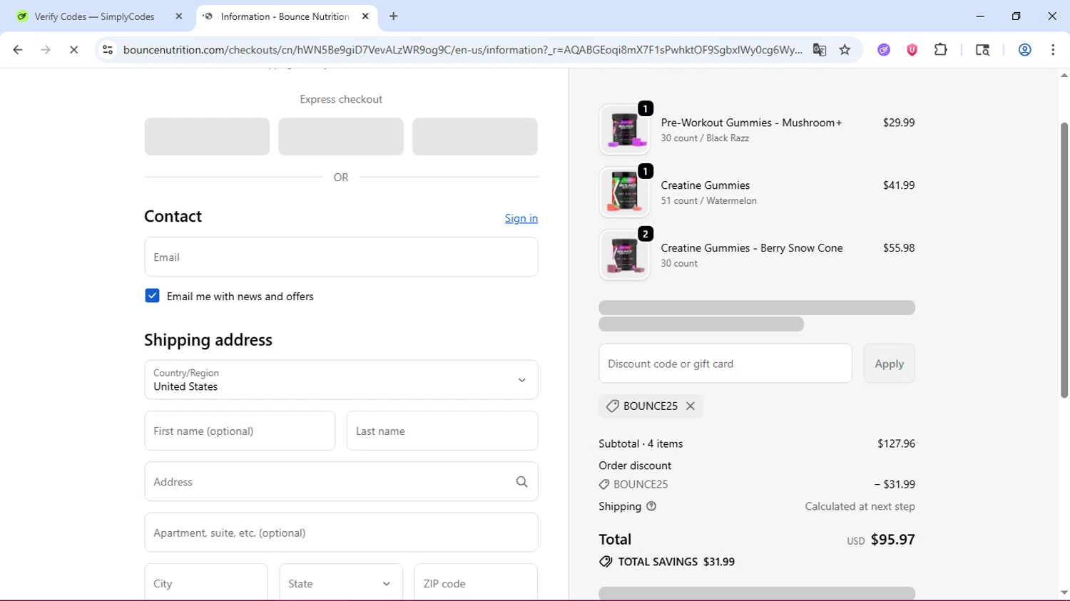 Bounce Nutrition discount code screenshot showing code BOUNCE25 applied at Bounce Nutrition checkout page. Uploaded by SimplyCodes community member dolce_codmax213 on Nov 12, 2025