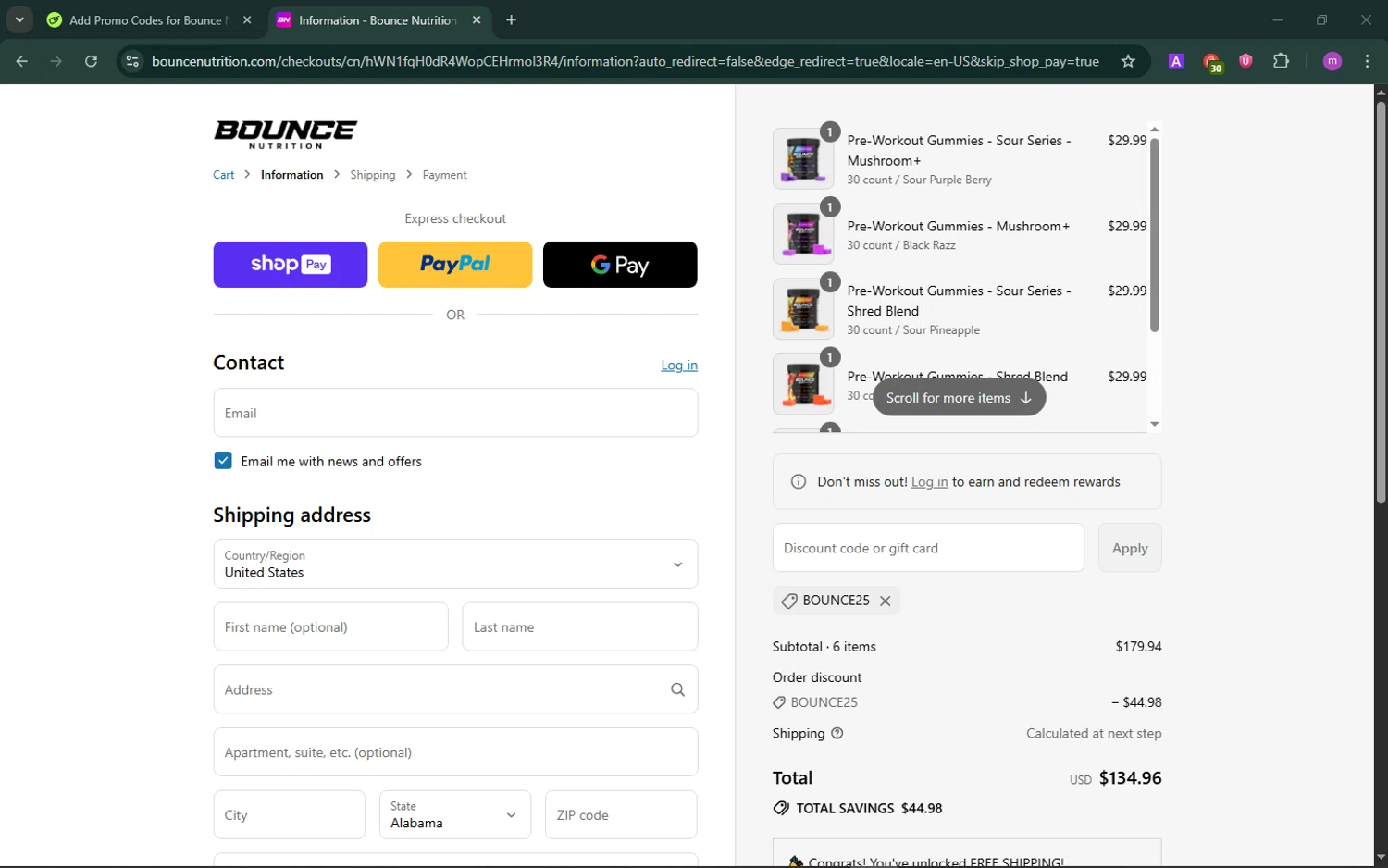 Bounce Nutrition discount code screenshot showing code BOUNCE25 applied at Bounce Nutrition checkout page. Uploaded by SimplyCodes community member NobleScholar188 on Aug 11, 2025