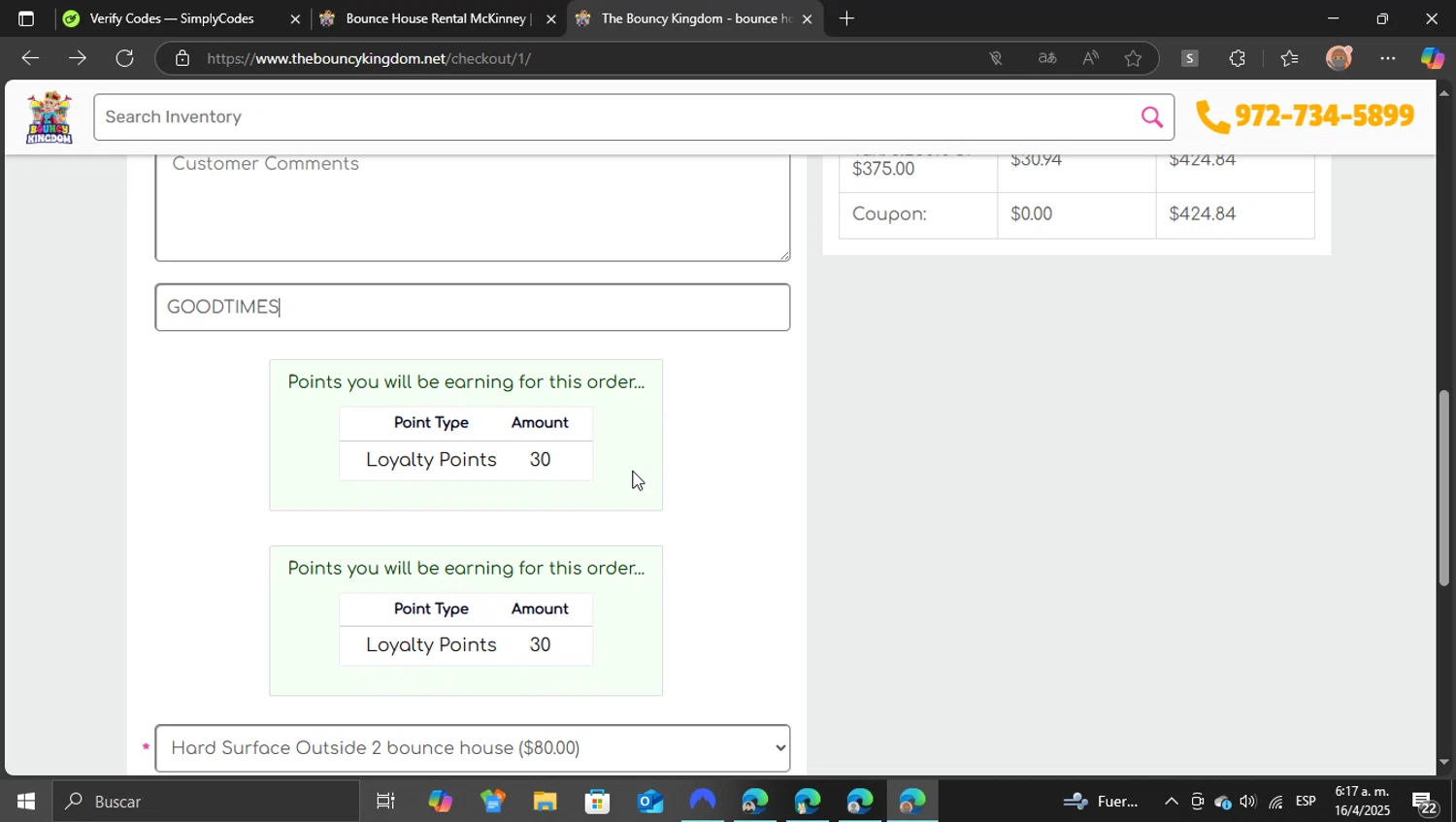 The Bouncy Kingdom promo code screenshot showing code GOODTIMES applied at The Bouncy Kingdom checkout page. Uploaded by SimplyCodes community member ShieldEagle9436 on Apr 16, 2025