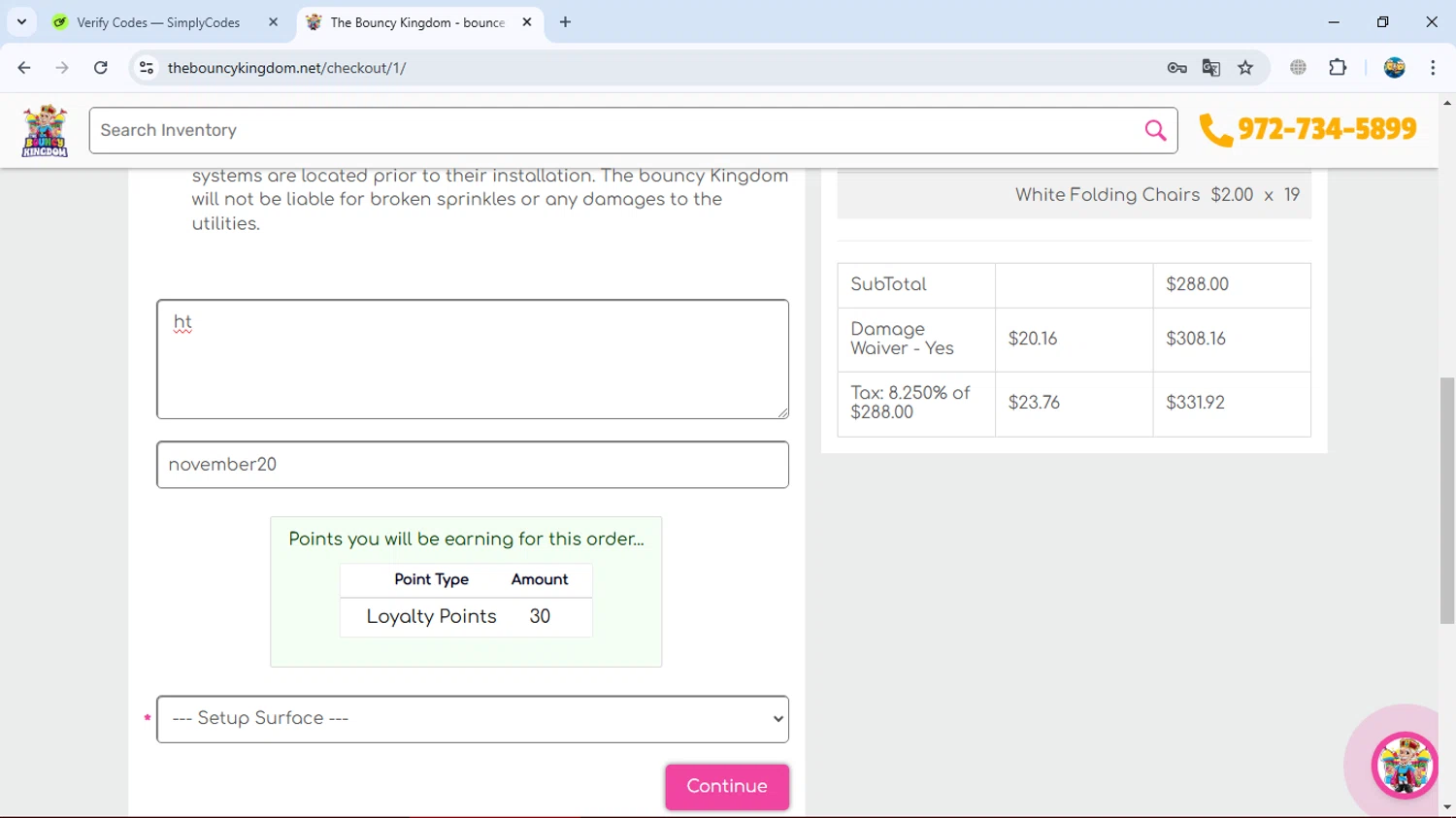 The Bouncy Kingdom checkout page showing The Bouncy Kingdom promo code box | Screenshot taken by SimplyCodes community member on Nov 19, 2024
