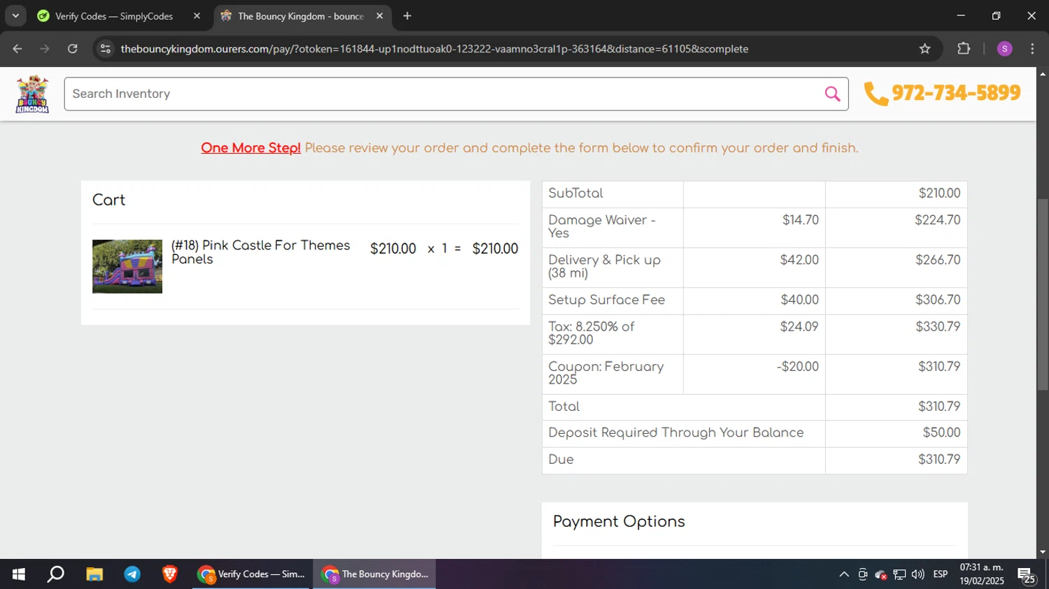 The Bouncy Kingdom checkout page showing The Bouncy Kingdom promo code box | Screenshot taken by SimplyCodes community member on Feb 19, 2025