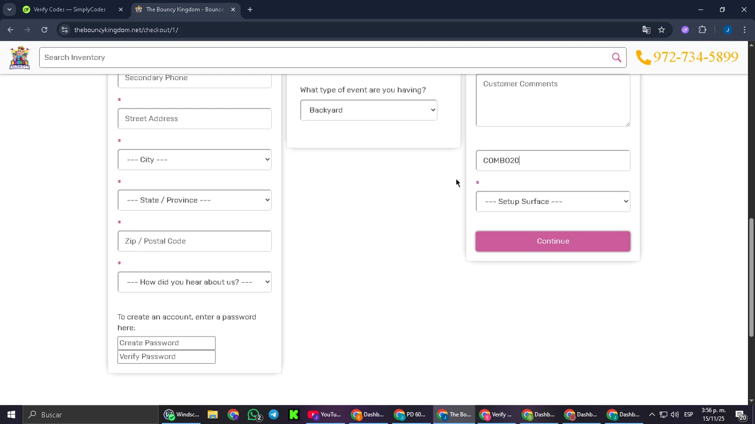 The Bouncy Kingdom promo code screenshot showing code COMBO20 applied at The Bouncy Kingdom checkout page. Uploaded by SimplyCodes community member RebateCaptain6440 on Nov 15, 2025