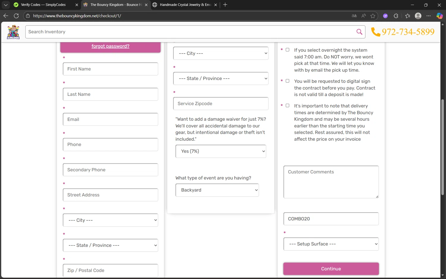 The Bouncy Kingdom promo code screenshot showing code COMBO20 applied at The Bouncy Kingdom checkout page. Uploaded by SimplyCodes community member juan1702 on Nov 15, 2025