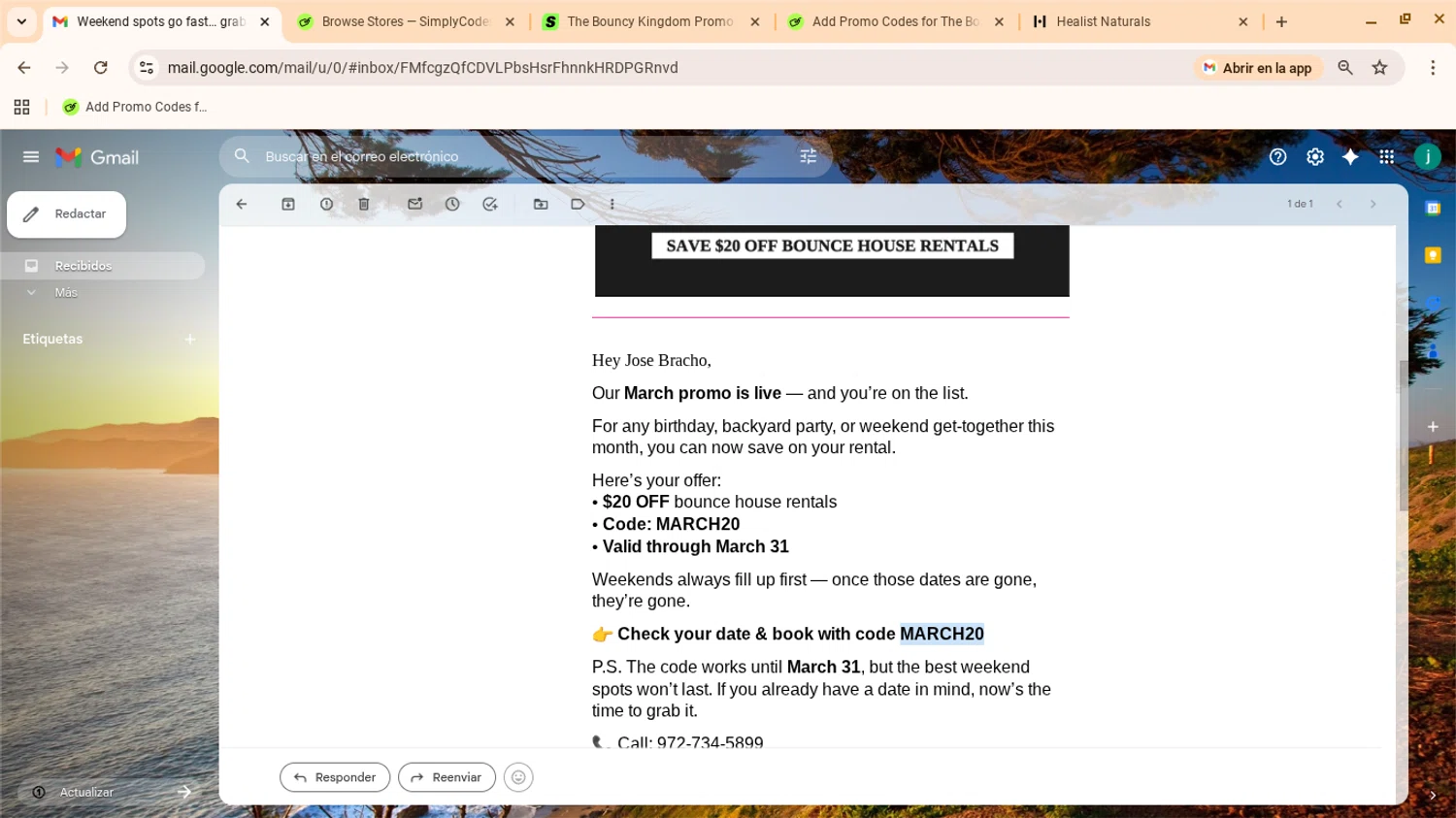 The Bouncy Kingdom promo code screenshot showing code MARCH20 applied at The Bouncy Kingdom checkout page. Uploaded by SimplyCodes community member yennifergonzalez on Mar 4, 2026
