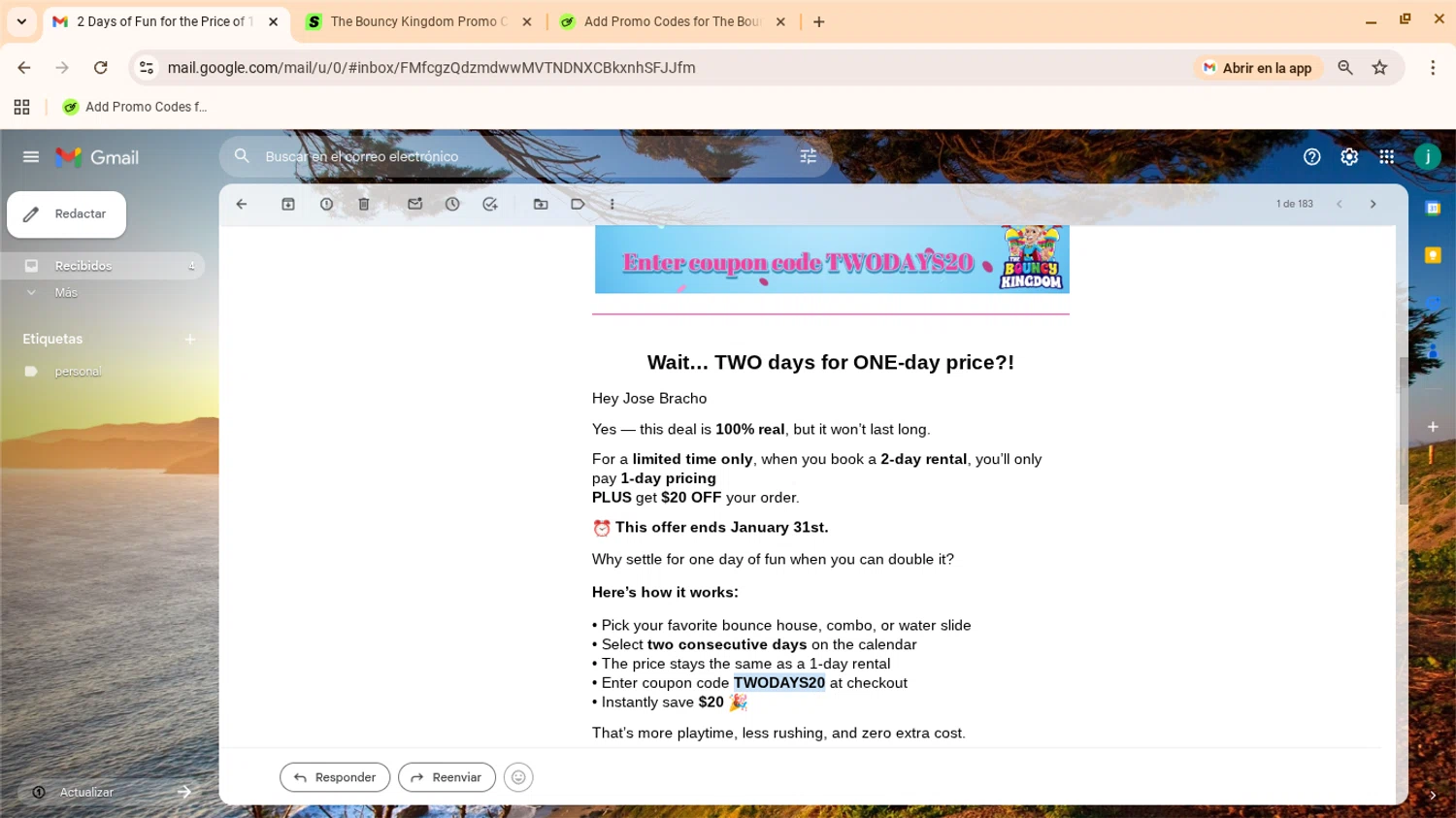 The Bouncy Kingdom promo code screenshot showing code TWODAYS20 applied at The Bouncy Kingdom checkout page. Uploaded by SimplyCodes community member yennifergonzalez on Dec 19, 2025