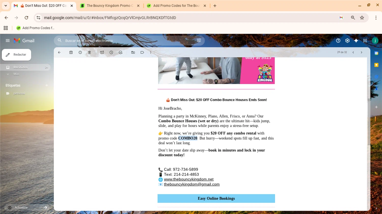 The Bouncy Kingdom promo code screenshot showing code COMBO20 applied at The Bouncy Kingdom checkout page. Uploaded by SimplyCodes community member yennifergonzalez on Oct 16, 2025