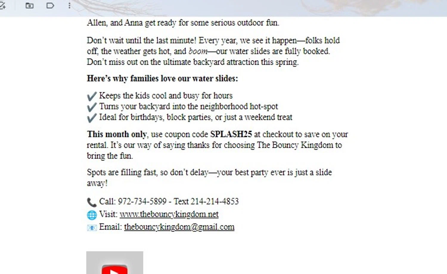 The Bouncy Kingdom promo code screenshot showing code SPLASH25 applied at The Bouncy Kingdom checkout page. Uploaded by SimplyCodes community member yennifergonzalez on Apr 22, 2025