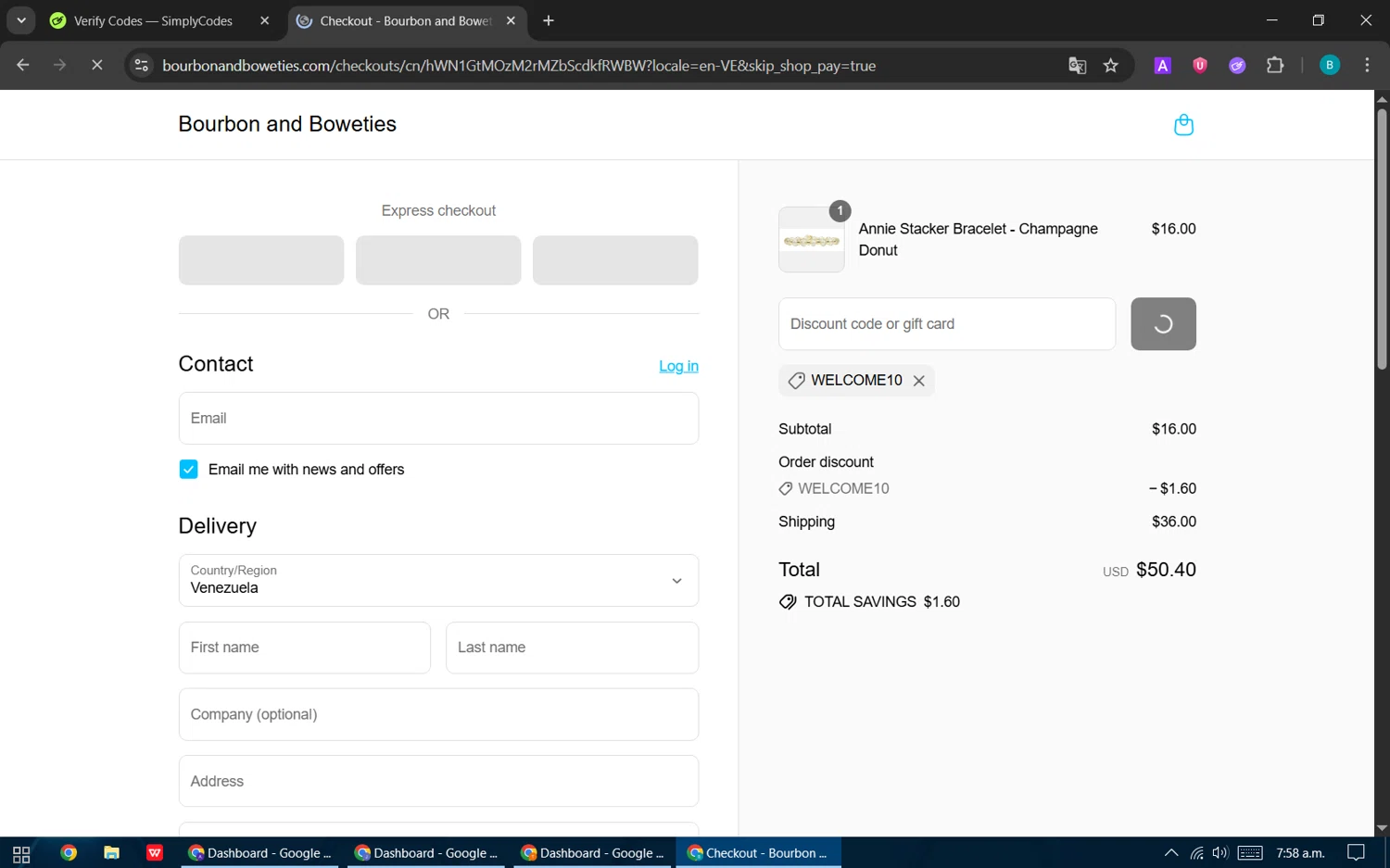 Bourbon and Boweties promo code screenshot showing code WELCOME10 applied at Bourbon and Boweties checkout page. Uploaded by SimplyCodes community member CleverPilot5845 on Jul 31, 2025