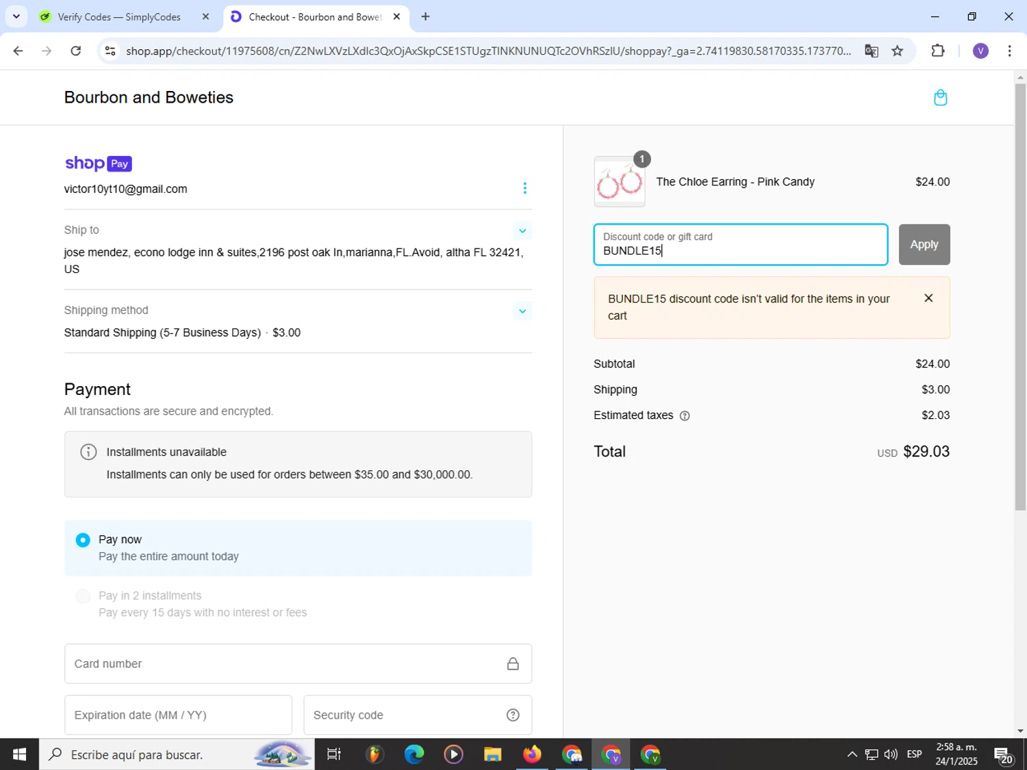 Bourbon and Boweties promo code screenshot showing code BUNDLE15 applied at Bourbon and Boweties checkout page. Uploaded by SimplyCodes community member Satoru_gojo on Jan 24, 2025