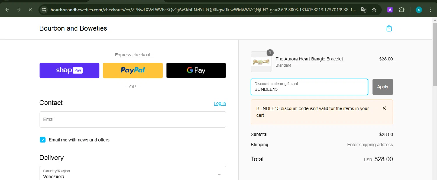 Bourbon and Boweties promo code screenshot showing code BUNDLE15 applied at Bourbon and Boweties checkout page. Uploaded by SimplyCodes community member ValiantChaser7723 on Jan 16, 2025