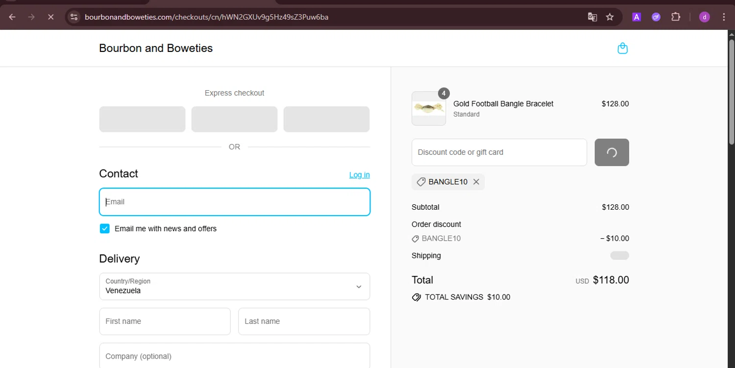 Bourbon and Boweties promo code screenshot showing code BANGLE10 applied at Bourbon and Boweties checkout page. Uploaded by SimplyCodes community member PennyTiger4891 on Aug 27, 2025