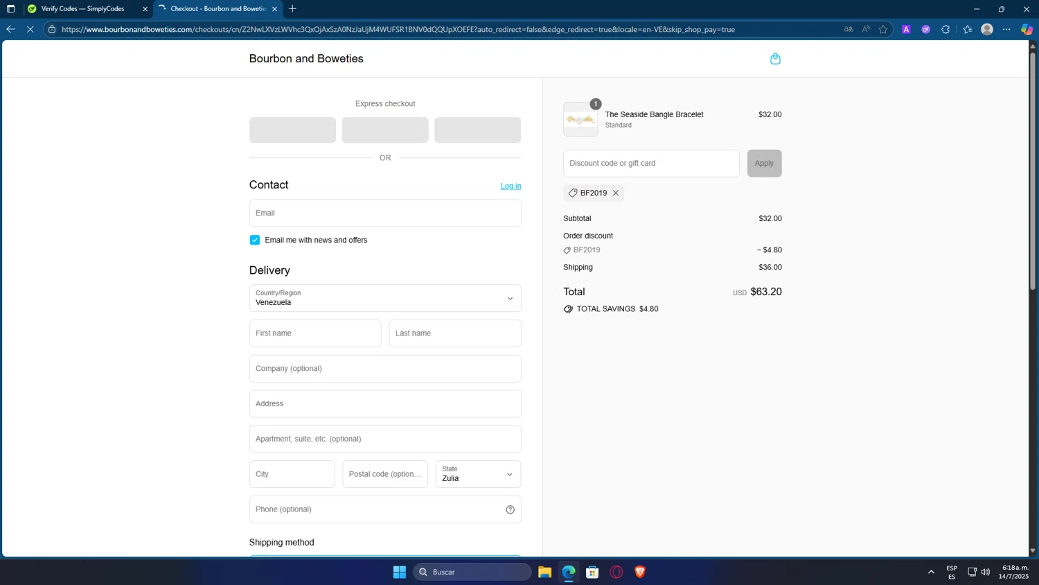 Bourbon and Boweties promo code screenshot showing code bf2019 applied at Bourbon and Boweties checkout page. Uploaded by SimplyCodes community member GOJOSATURO on Jul 14, 2025