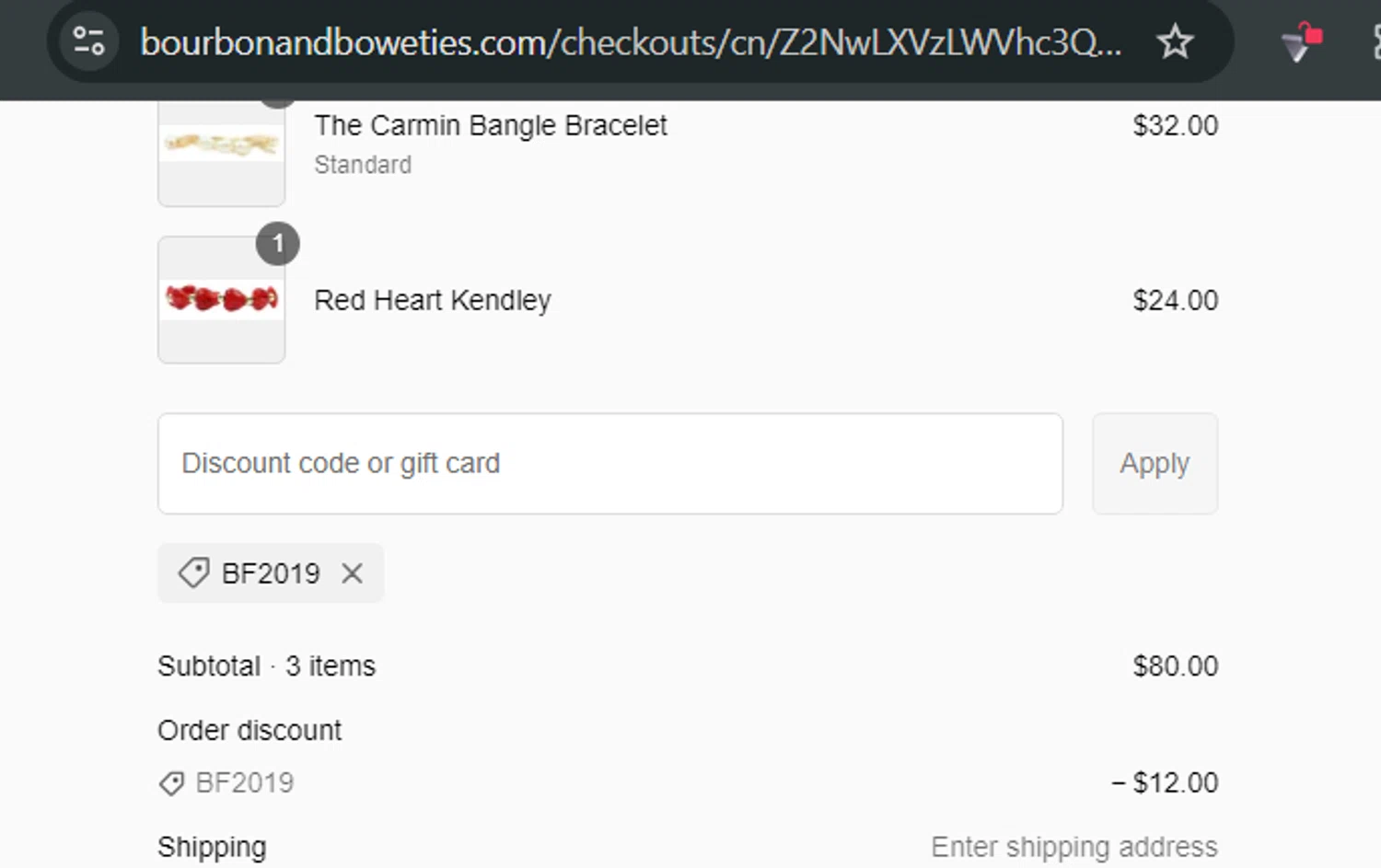 Bourbon and Boweties promo code screenshot showing code bf2019 applied at Bourbon and Boweties checkout page. Uploaded by SimplyCodes community member LuisGaBa on Feb 5, 2025
