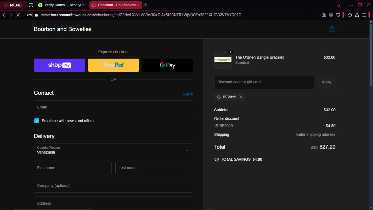 Bourbon and Boweties promo code screenshot showing code bf2019 applied at Bourbon and Boweties checkout page. Uploaded by SimplyCodes community member GoldPro6514 on Feb 17, 2025