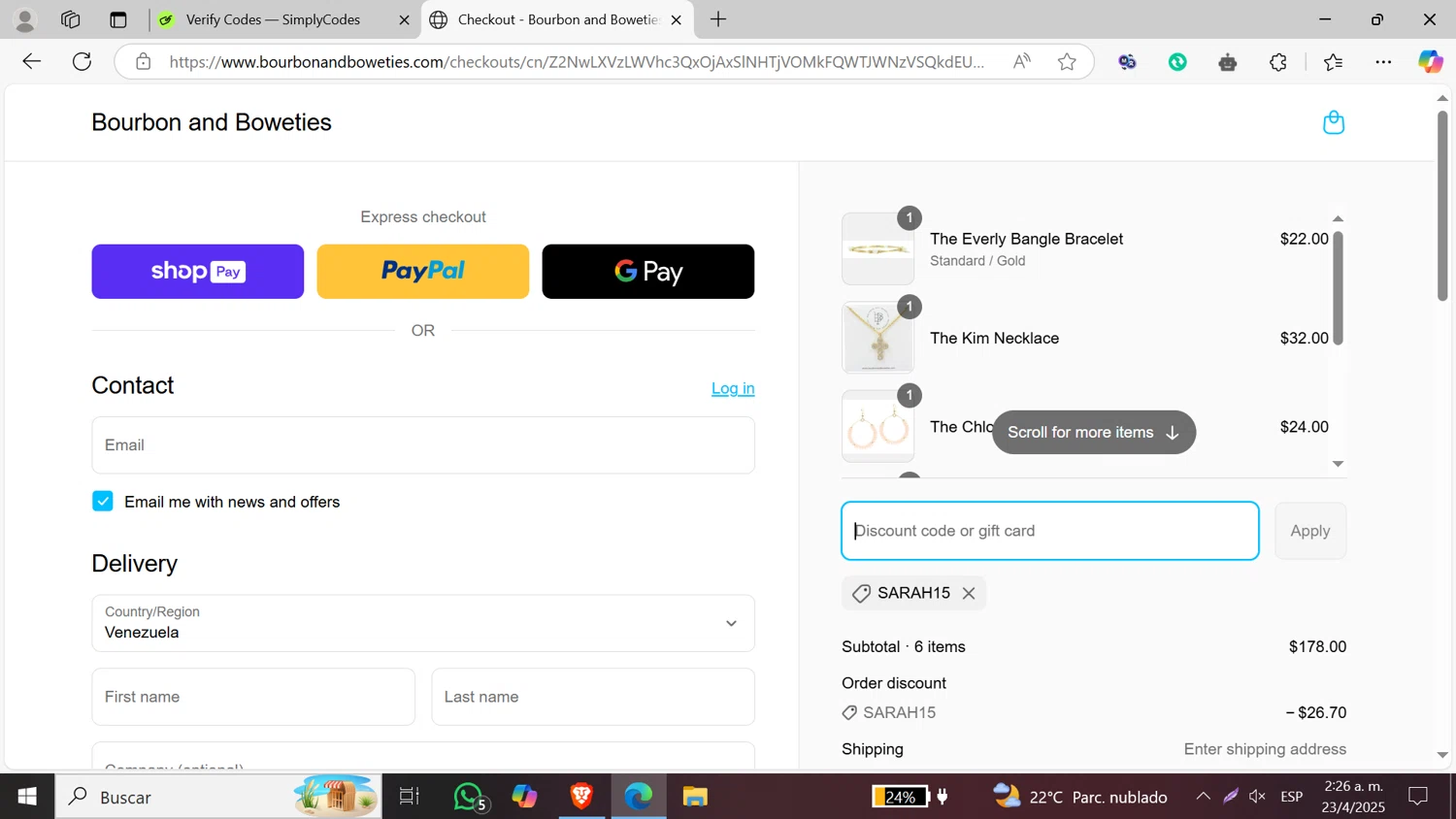 Bourbon and Boweties promo code screenshot showing code SARAH15 applied at Bourbon and Boweties checkout page. Uploaded by SimplyCodes community member Jeffersontorrealba on Apr 23, 2025