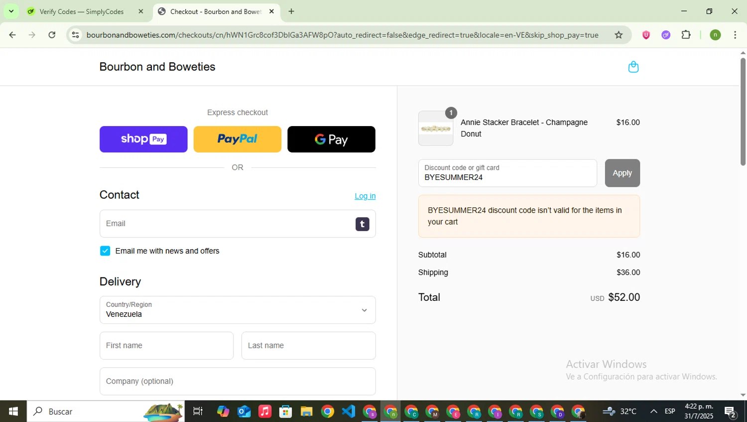 Bourbon and Boweties promo code screenshot showing code BYESUMMER24 applied at Bourbon and Boweties checkout page. Uploaded by SimplyCodes community member SwiftSaver6197 on Jul 31, 2025