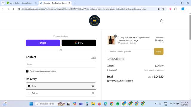 The Bourbon Concierge checkout page showing The Bourbon Concierge discount code box | Screenshot taken by SimplyCodes community member on Sep 8, 2025
