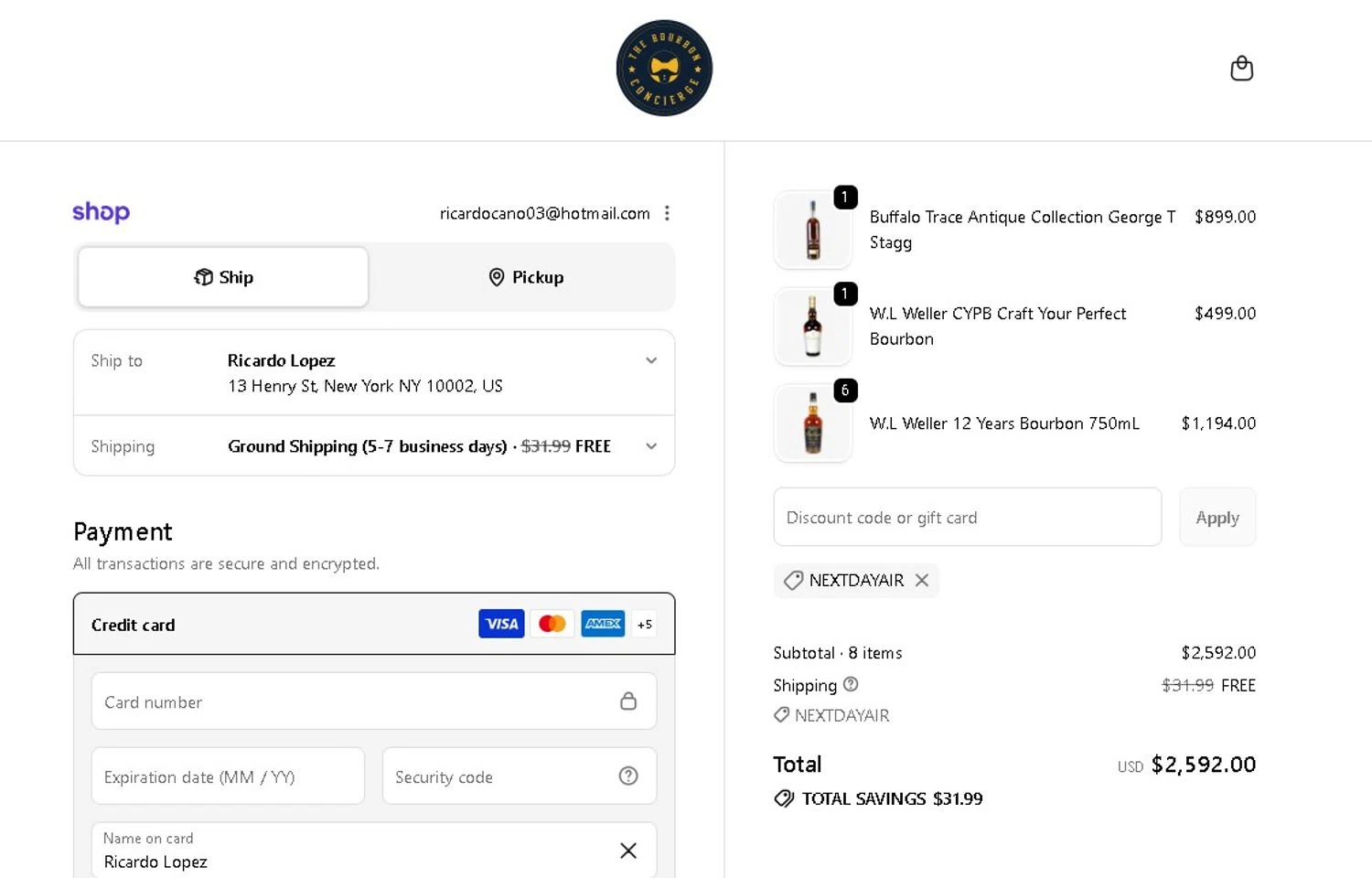 The Bourbon Concierge promo code screenshot showing code NEXTDAYAIR applied at The Bourbon Concierge checkout page. Uploaded by SimplyCodes community member LAMINEJAMAL on Jun 15, 2026