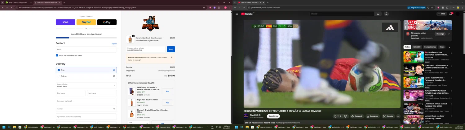 Bourbon Hunt USA discount code screenshot showing code BOURBONHUNT15 applied at Bourbon Hunt USA checkout page. Uploaded by SimplyCodes community member CouponSage7331 on Nov 30, 2025