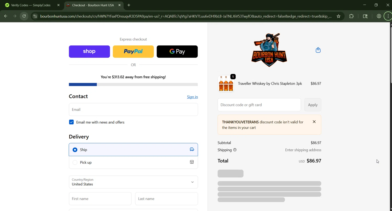 Bourbon Hunt USA discount code screenshot showing code THANKYOUVETERANS applied at Bourbon Hunt USA checkout page. Uploaded by SimplyCodes community member CashWizard4502 on Jan 13, 2026