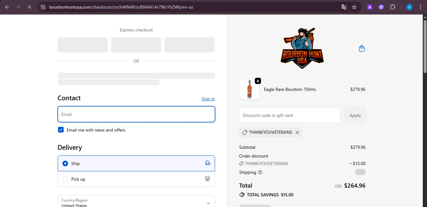 Bourbon Hunt USA discount code screenshot showing code THANKYOUVETERANS applied at Bourbon Hunt USA checkout page. Uploaded by SimplyCodes community member ShieldKnight4744 on Oct 15, 2025