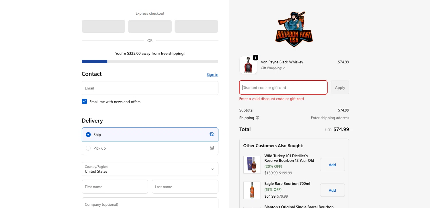 Bourbon Hunt USA discount code screenshot showing code BF25 applied at Bourbon Hunt USA checkout page. Uploaded by SimplyCodes community member TOTONEROFL on Dec 4, 2025