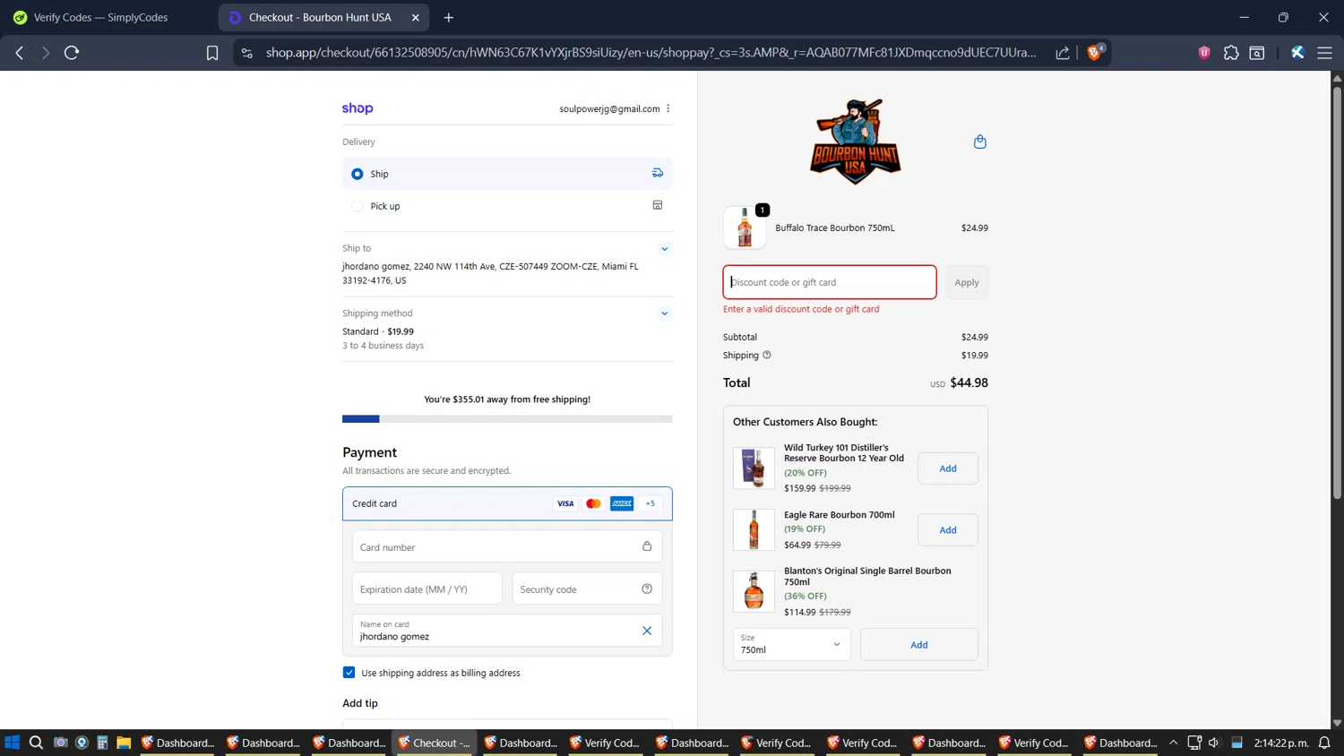 Bourbon Hunt USA discount code screenshot showing code BF25 applied at Bourbon Hunt USA checkout page. Uploaded by SimplyCodes community member ZoilaPerrita on Dec 4, 2025