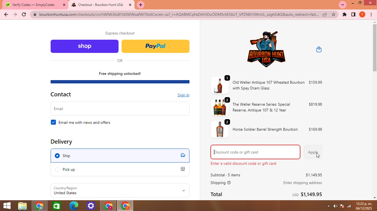 Bourbon Hunt USA discount code screenshot showing code BF200 applied at Bourbon Hunt USA checkout page. Uploaded by SimplyCodes community member HHHHHHH on Dec 4, 2025