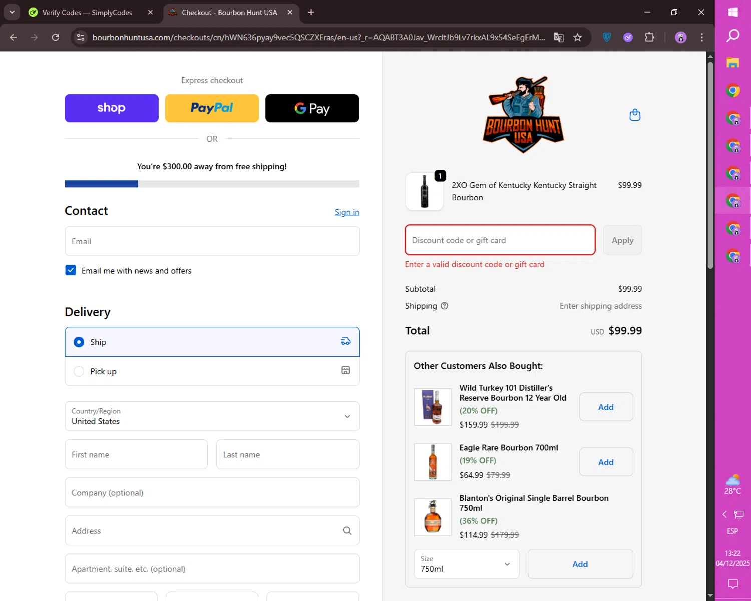 Bourbon Hunt USA discount code screenshot showing code BF50 applied at Bourbon Hunt USA checkout page. Uploaded by SimplyCodes community member ositouno on Dec 4, 2025