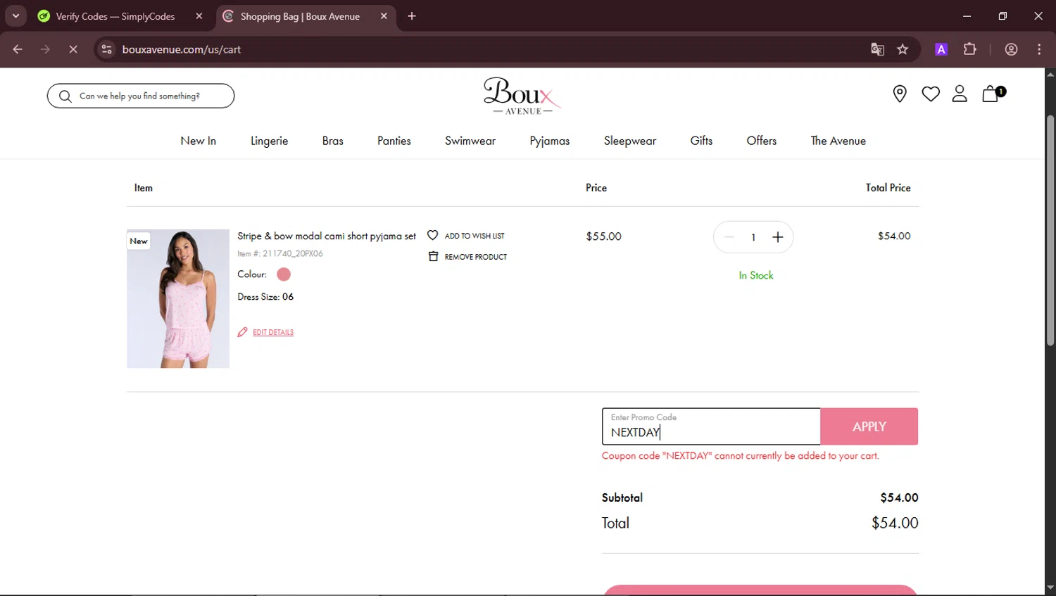 Boux Avenue discount code screenshot showing code NEXTDAY applied at Boux Avenue checkout page. Uploaded by SimplyCodes community member RoyalLegend4835 on Jul 29, 2025