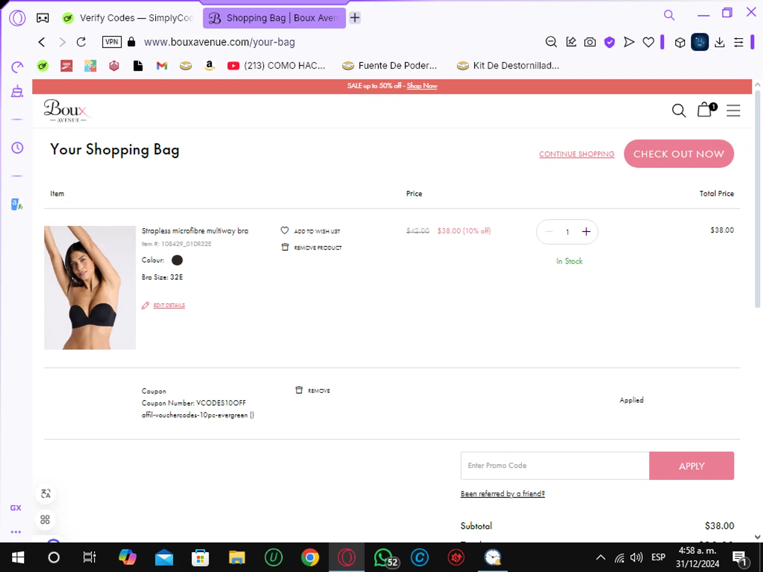 Boux Avenue discount code screenshot showing code VCODES10OFF applied at Boux Avenue checkout page. Uploaded by SimplyCodes community member Crchirino1 on Dec 31, 2024