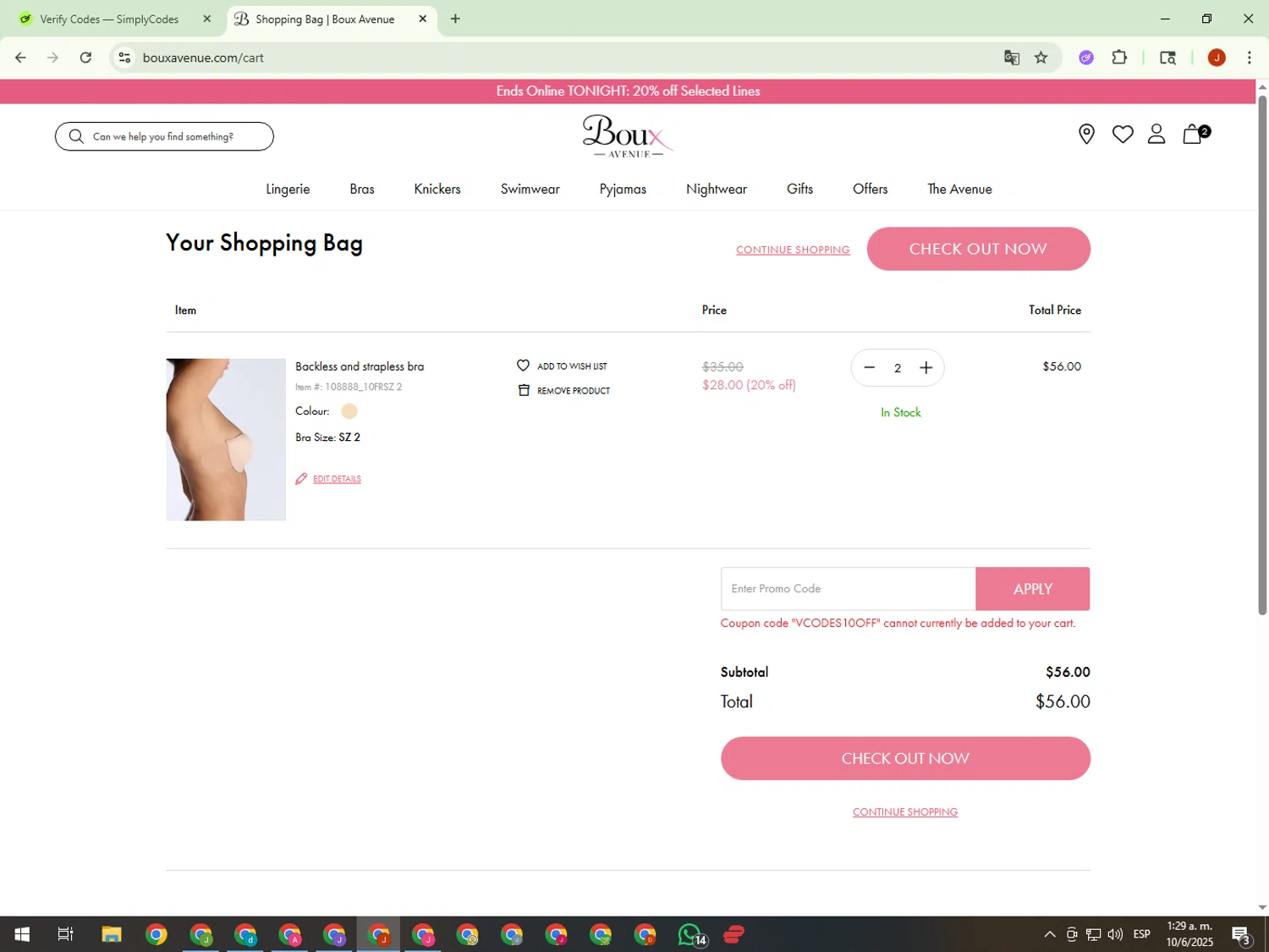 Boux Avenue discount code screenshot showing code VCODES10OFF applied at Boux Avenue checkout page. Uploaded by SimplyCodes community member KimDokja on Jun 10, 2025