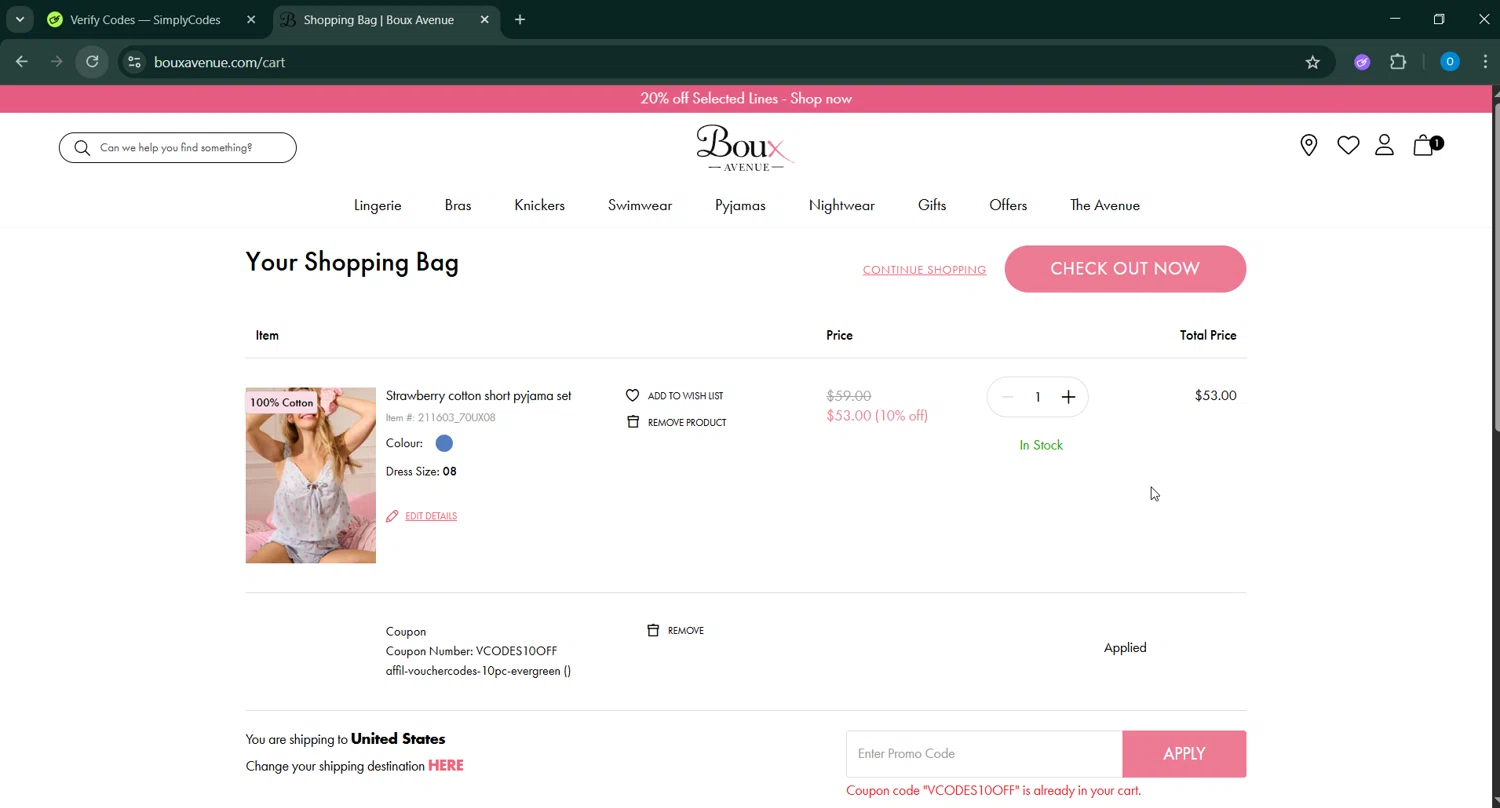 Boux Avenue discount code screenshot showing code VCODES10OFF applied at Boux Avenue checkout page. Uploaded by SimplyCodes community member _____________ on May 24, 2025