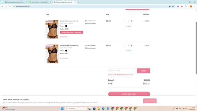 Boux Avenue checkout page showing Boux Avenue discount code box | Screenshot taken by SimplyCodes community member on Aug 27, 2025