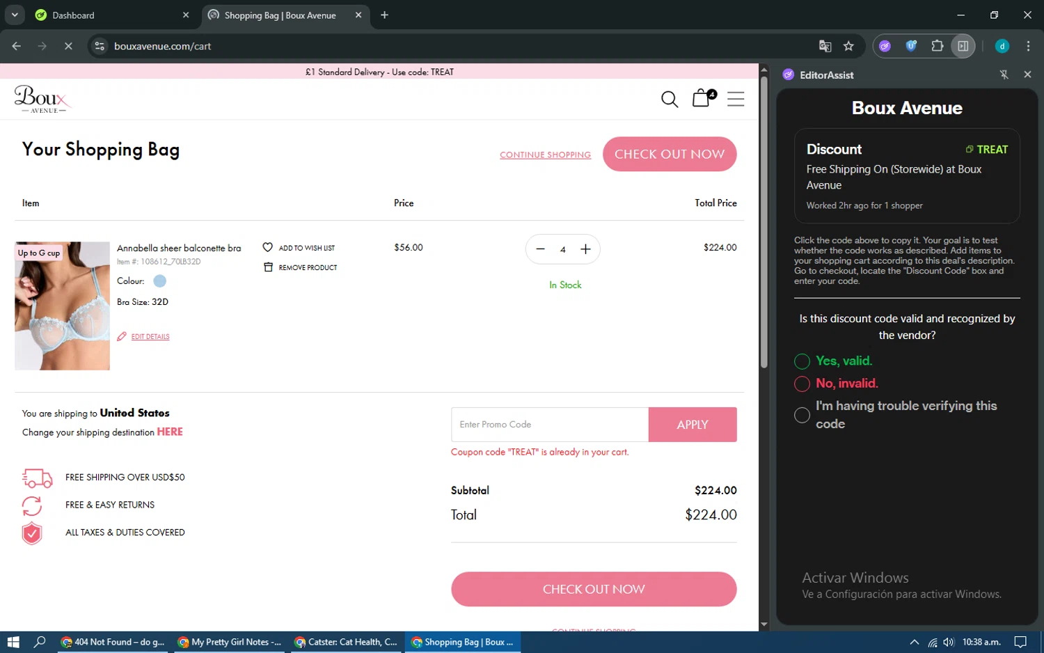 Boux Avenue discount code screenshot showing code TREAT applied at Boux Avenue checkout page. Uploaded by SimplyCodes community member SmartExpert6670 on Aug 27, 2025