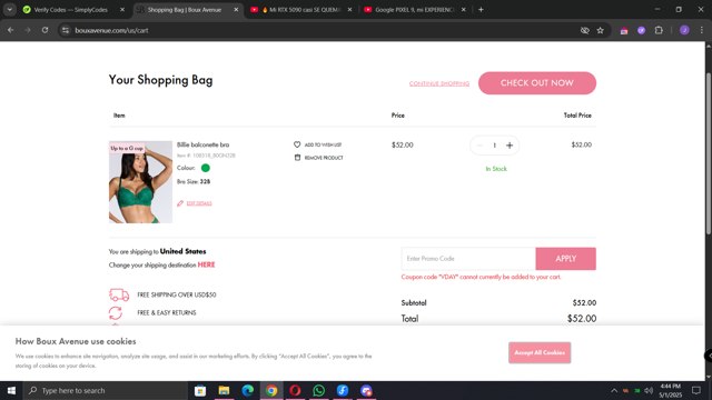 Boux Avenue checkout page showing Boux Avenue discount code box | Screenshot taken by SimplyCodes community member on May 1, 2025
