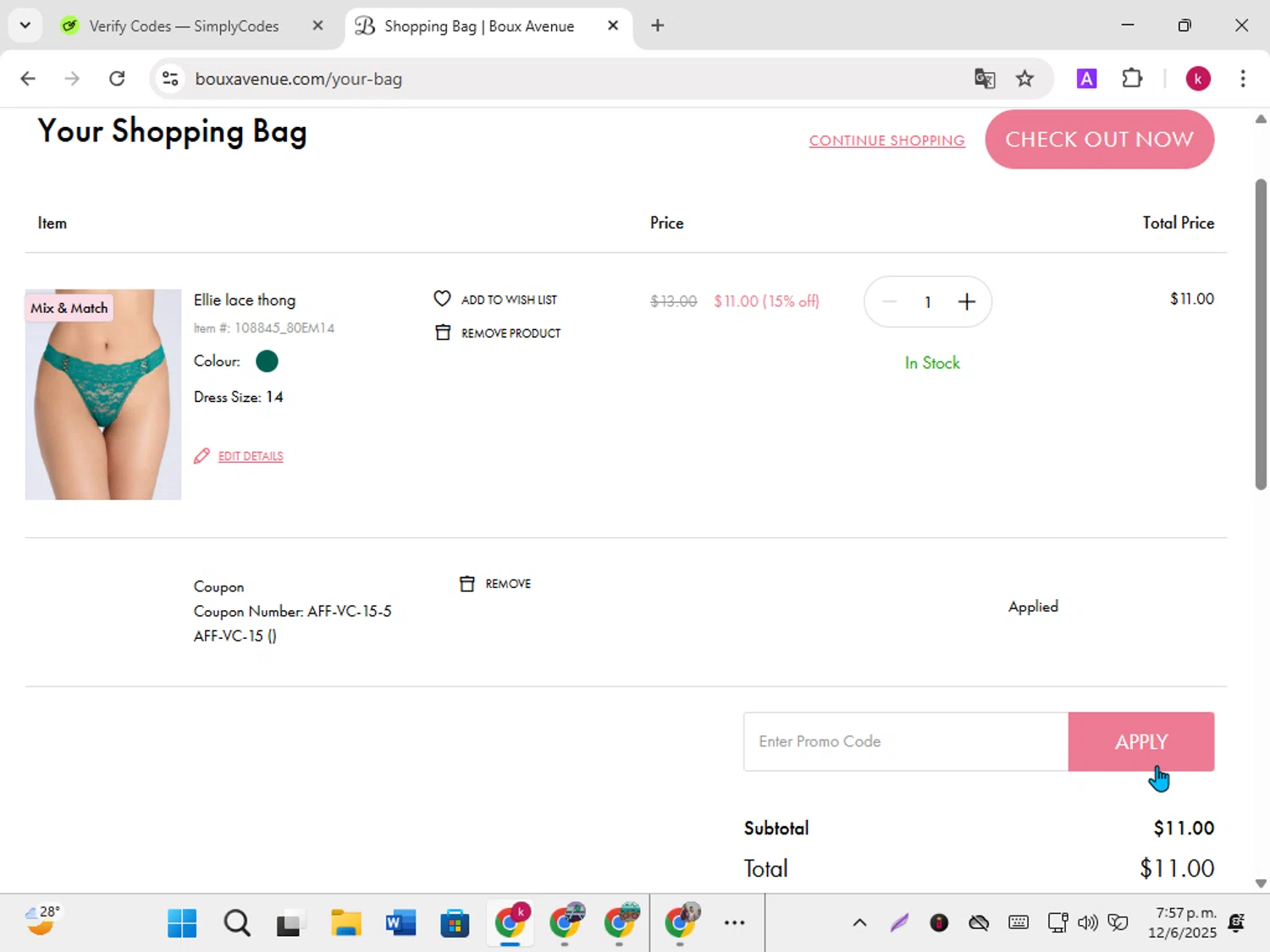 Boux Avenue discount code screenshot showing code AFF-VC-15-5 applied at Boux Avenue checkout page. Uploaded by SimplyCodes community member karoline on Jun 12, 2025