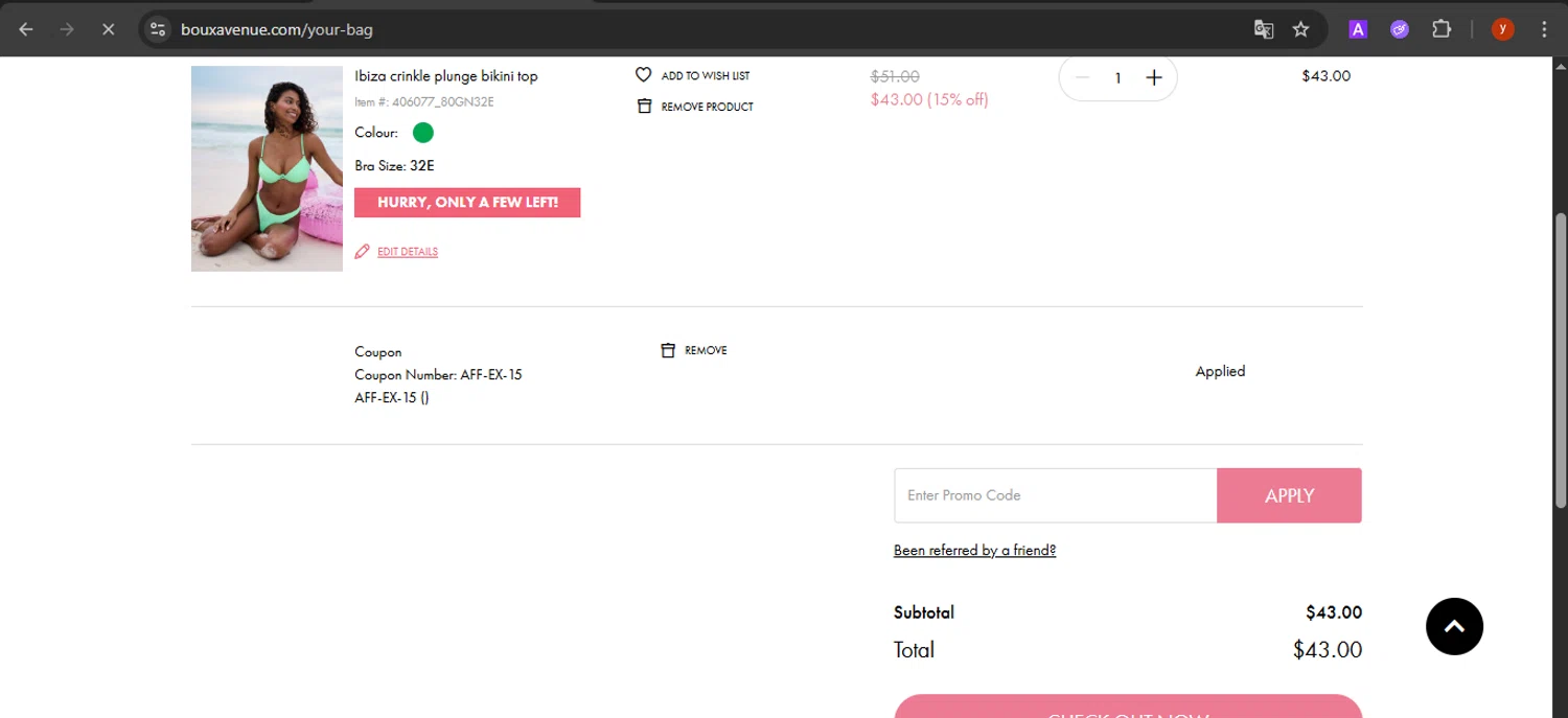 Boux Avenue discount code screenshot showing code AFF-EX-15 applied at Boux Avenue checkout page. Uploaded by SimplyCodes community member CrownTiger7501 on Jun 12, 2025