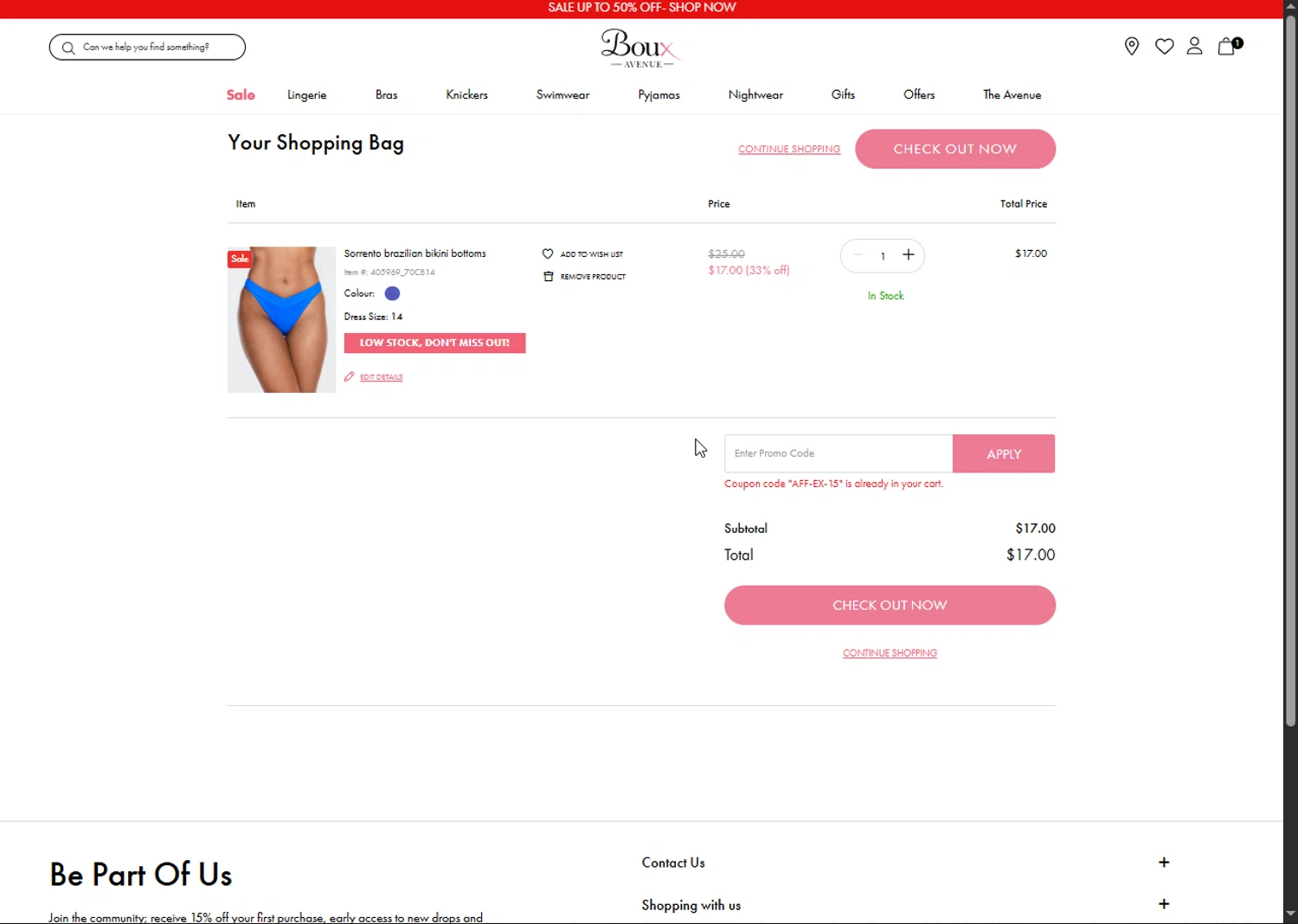 Boux Avenue discount code screenshot showing code AFF-EX-15 applied at Boux Avenue checkout page. Uploaded by SimplyCodes community member Heibk201 on Jun 21, 2025